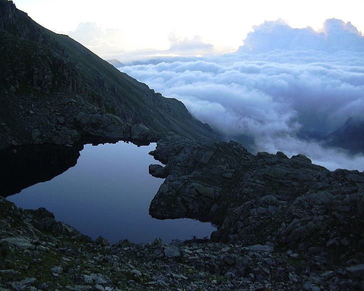 mountain lake, landscape, water, rock, tranquility, beauty in nature, HD wallpaper