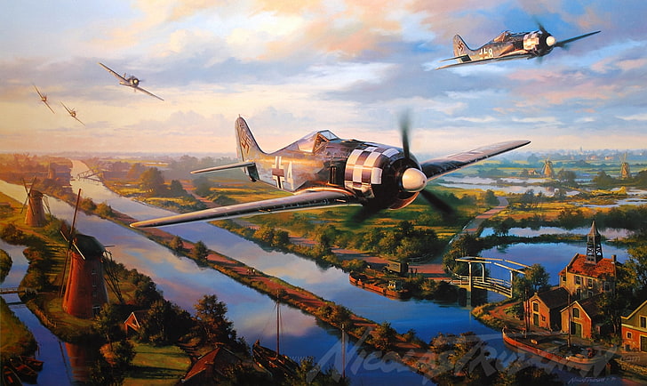 black propeller plane painting, aircraft, war, art, airplane