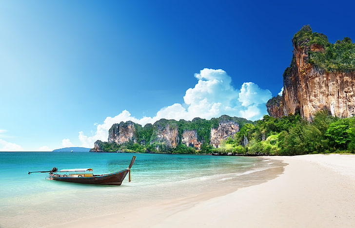 brown canoe, sand, sea, beach, tropics, shore, summer, ocean