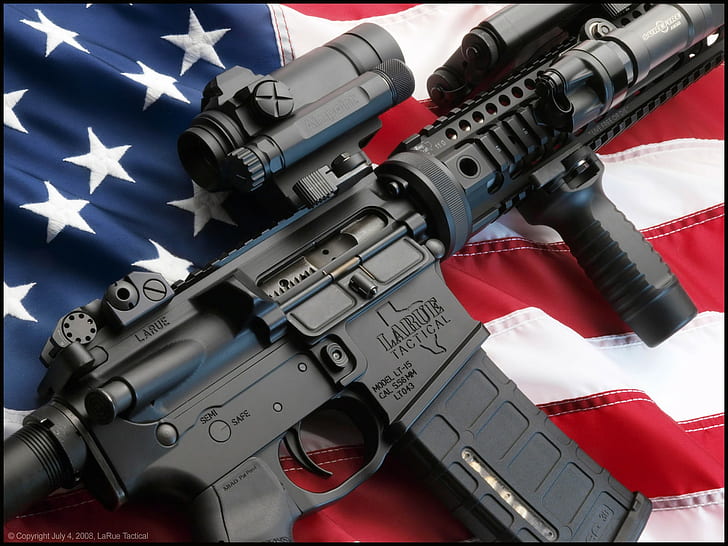 weapon, gun, USA, assault rifle, AR-15, American flag, HD wallpaper