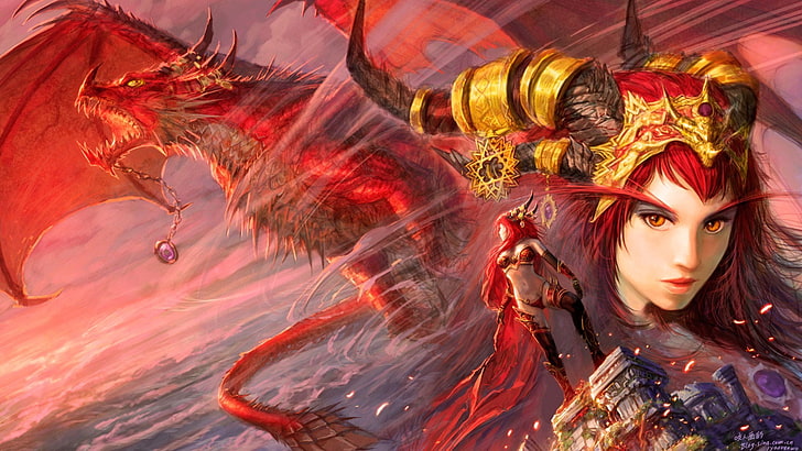woman and dragon artwork, Alexstrasza, World of Warcraft, fantasy girl