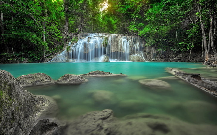 Erawan Waterfall In Thailand Jungle Rain Forest Rocks In Water Natural Pool Ponds Desktop Wallpaper Hd 3840×2400, HD wallpaper