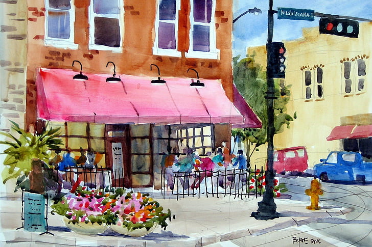 artwork, painting, watercolor, flowerpot, cafes, traffic lights