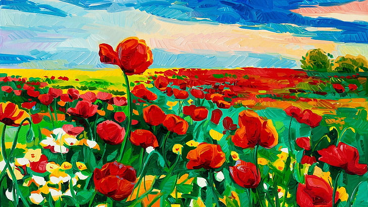 painting, flowers, painting art, tulips, red tulips, field, HD wallpaper