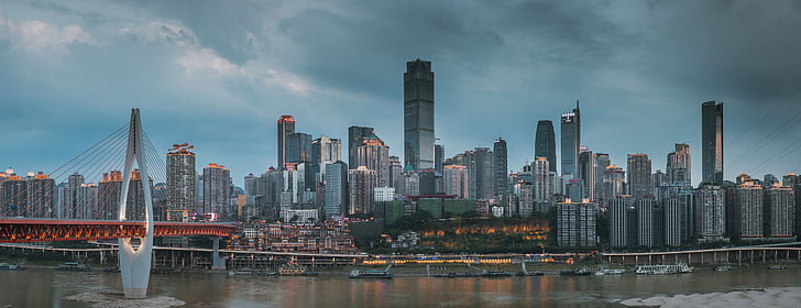 city, ChongQing, China, Yangtze, river, cable-stayed bridge, HD wallpaper