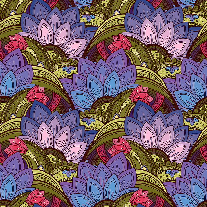 purple, red, and green flowers digital wallpaper, patterns, ornament
