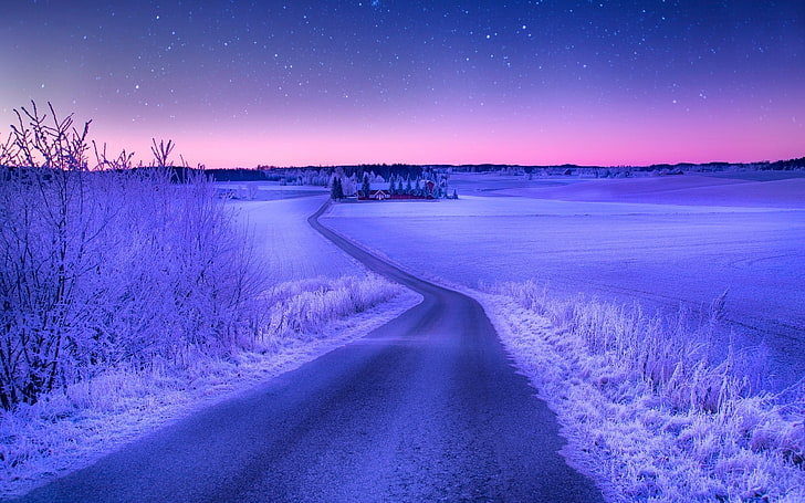 landscape, nature, road, winter, snow, field, stars, evening, HD wallpaper