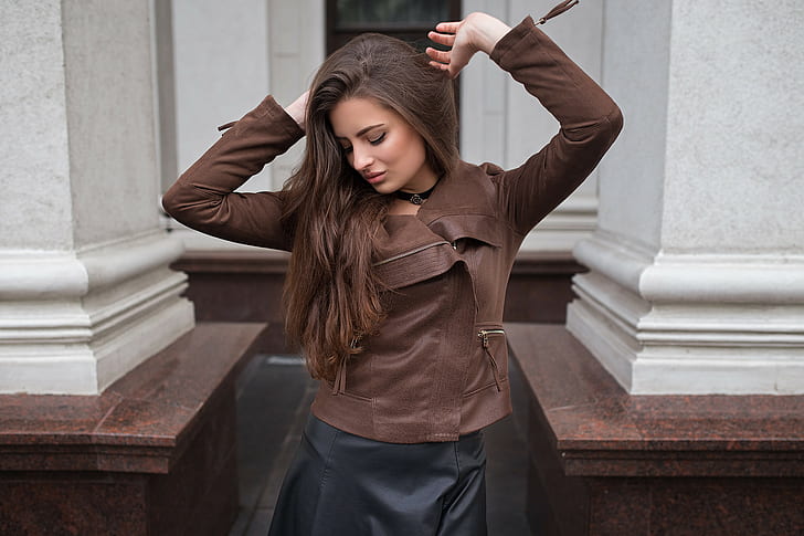 women, portrait, Dmitry Sn, leather jackets, long hair, leather skirts, HD wallpaper
