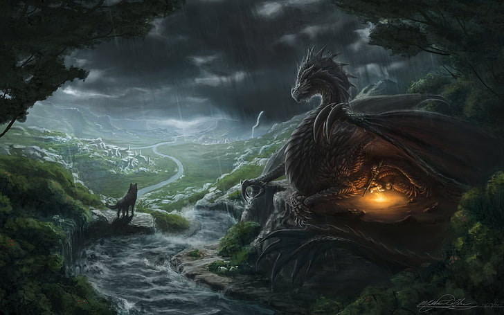 wolf and dragon illustration, fantasy art, river, water, nature, HD wallpaper