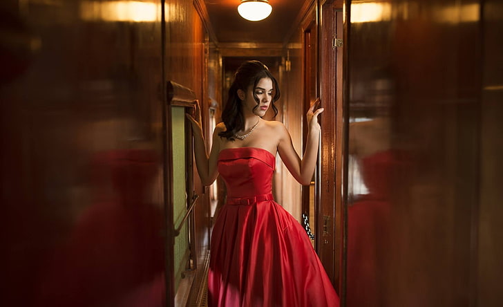 bare shoulders, red dress, model, 500px, women, strapless dress, HD wallpaper