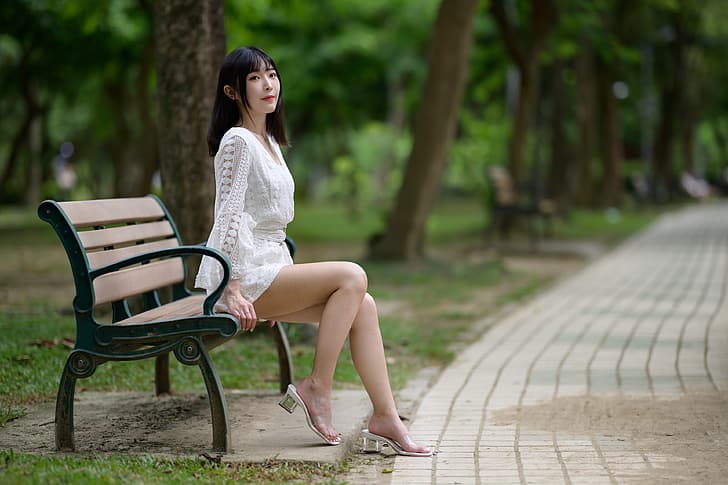 Asian, model, women, dark hair, long hair, sitting, bench, barefoot sandal