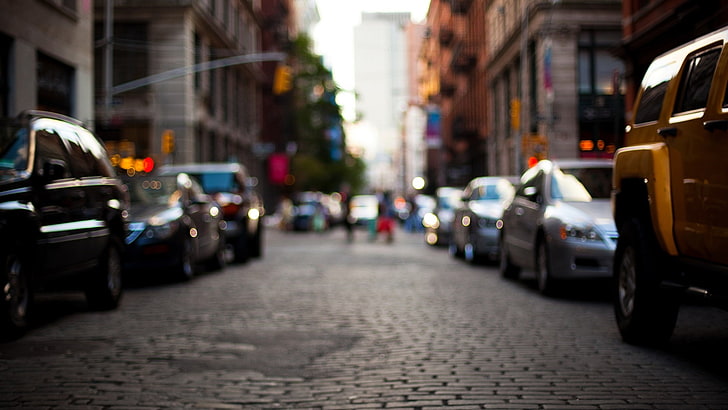 road, street, city, cobblestone, blurred, depth of field, car, HD wallpaper