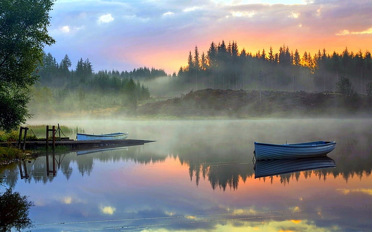 nature, landscape, mist, forest, lake, boat, clouds, calm, water