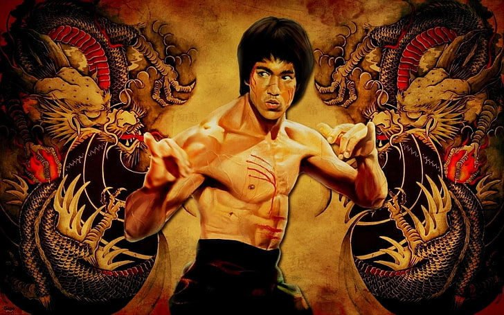 Bruce Lee portrait artwork, dragons, legend, karate, people, one Person