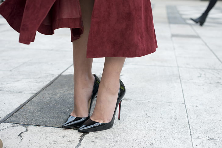 HD wallpaper: high heels, Louboutin, red dress, feet, black heels |  Wallpaper Flare
