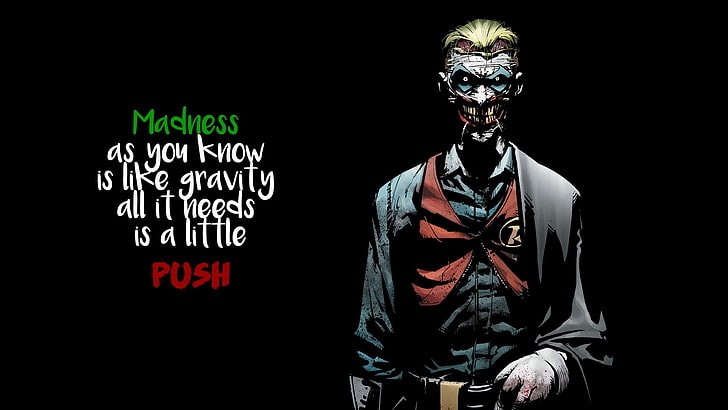 The Joker illustration with text overlay, quote, comics, black background, HD wallpaper