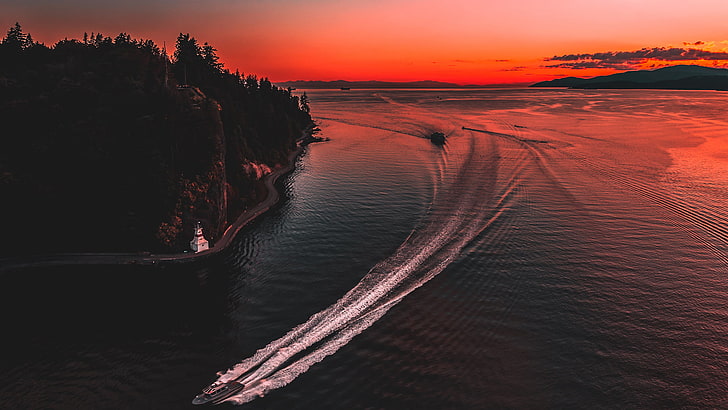 white speedboat, photography, sunset, British Columbia, scenics - nature