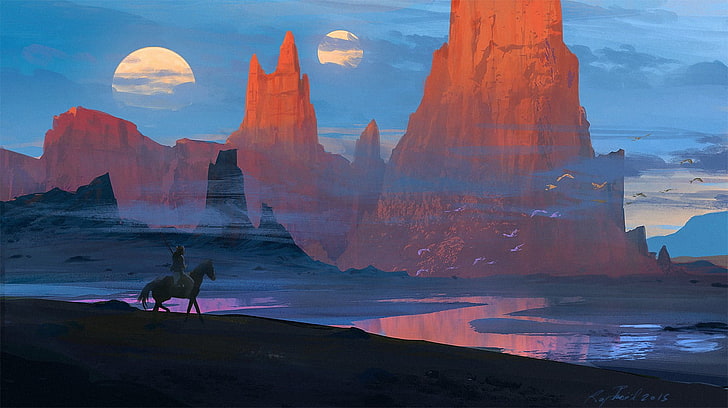 man riding on horse near body of water with mountain view painting