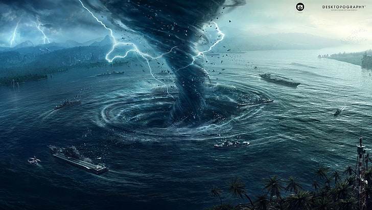 tornado on body of water digital wallpaper, Desktopography, Natural Disaster