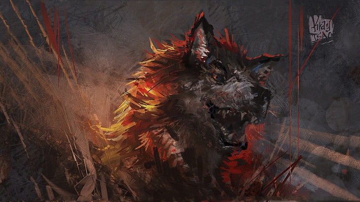 orange and gray wolf painting, fantasy art, animals, halloween