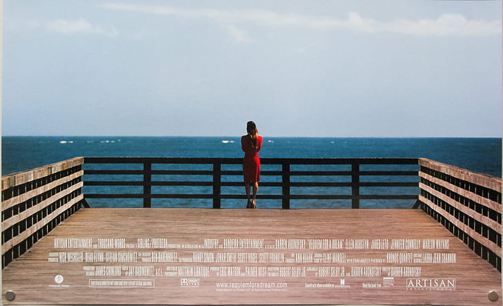 movie poster, pier, red dress, Jennifer Connelly, sea, Requiem for a Dream
