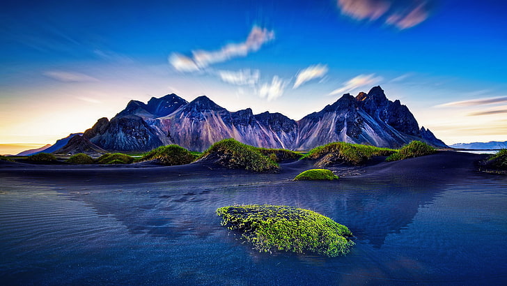 mountain surrounded with body of water, Iceland, long exposure