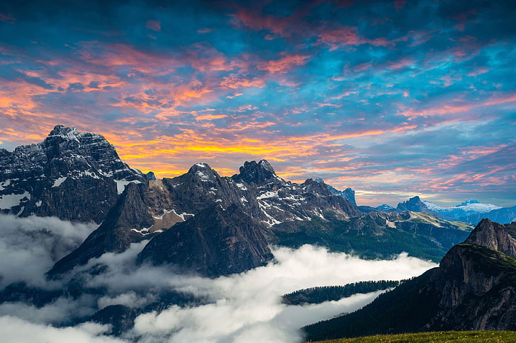 black mountains, landscape, clouds, sky, nature, sunlight, cyan, HD wallpaper