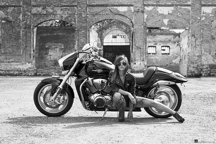 black touring motorcycle, women, model, monochrome, sunglasses, HD wallpaper