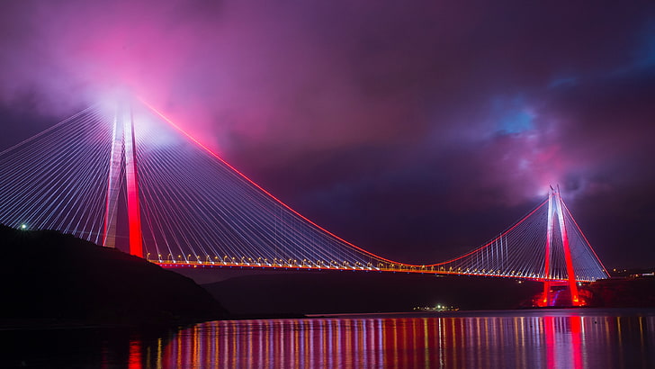 bridge, cable stayed bridge, landmark, light, yavuz sultan selim bridge, HD wallpaper