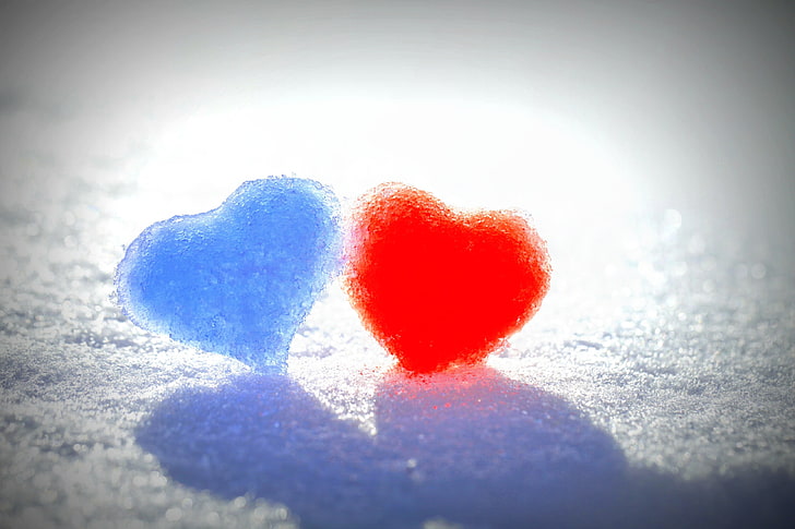 two blue and red heart decors, winter, snow, love, background