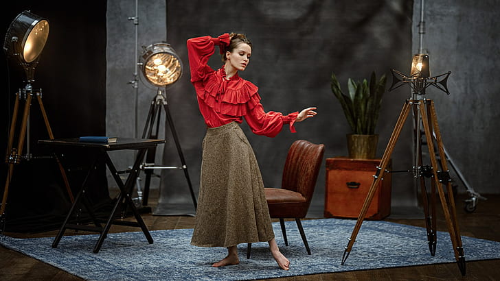 Georgy Chernyadyev, women, model, barefoot, red dress, brunette, HD wallpaper