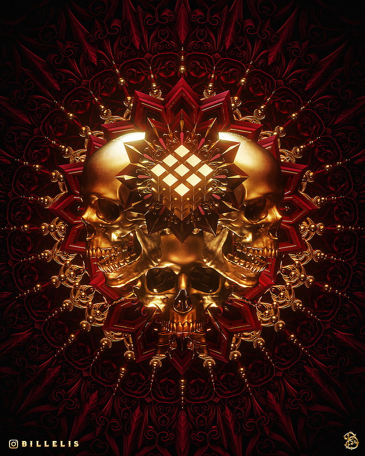billelis, dark, religion, death, skull, gold, red