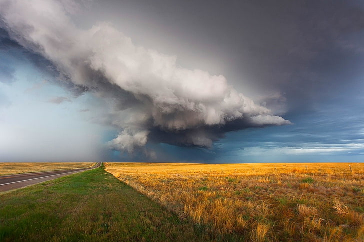 supercell (nature), field, road, storm, grass, clouds, landscape, HD wallpaper