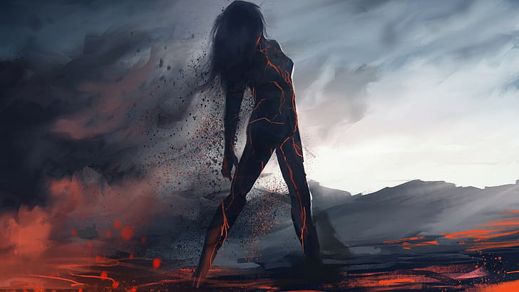 woman illustration, artwork, fantasy art, lava, women, mountain