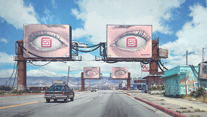 digital art, fantasy art, cyberpunk, artwork, billboard, road
