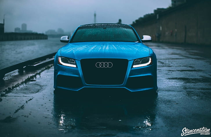rain, Audi, vehicle, Audi S5, car, blue cars, HD wallpaper