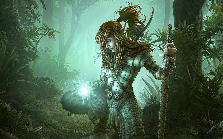 Elven Light Bringer, forest, fantasy, woman, female, 3d and abstract