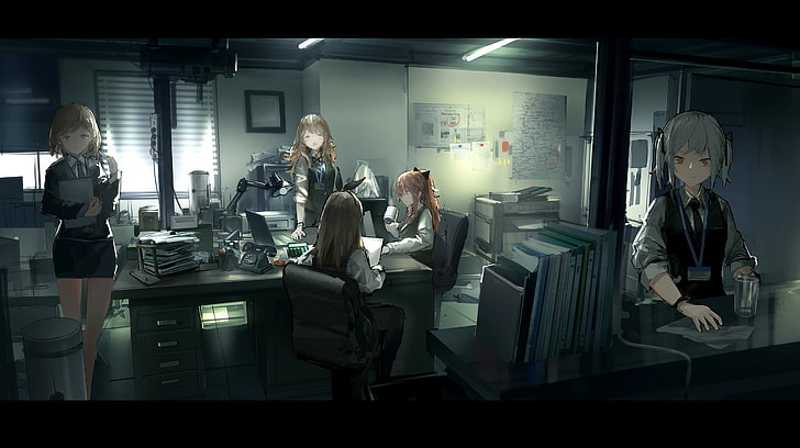 anime girls, workers, office, women, table, adult, group of people