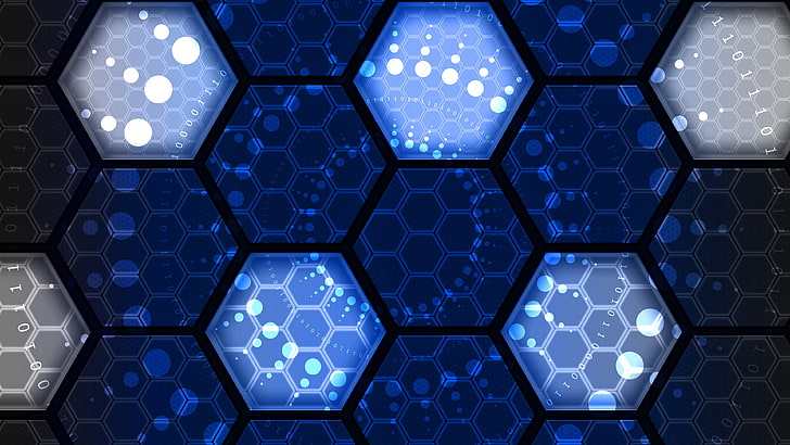 binary code, honeycomb, hexagon, geometric, geometry, blue, HD wallpaper
