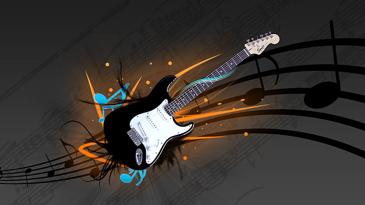black stratocaster electric guitar, music, fender, squier, sound, HD wallpaper