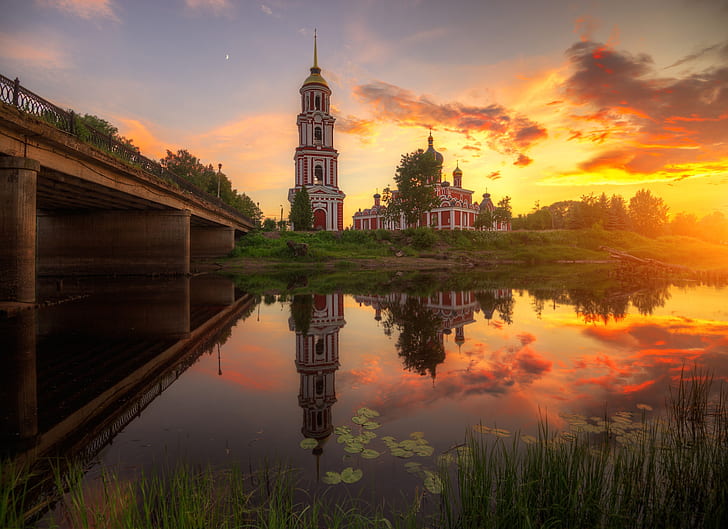 sunset, bridge, nature, reflection, river, Church, Russia, Ed Gordeev