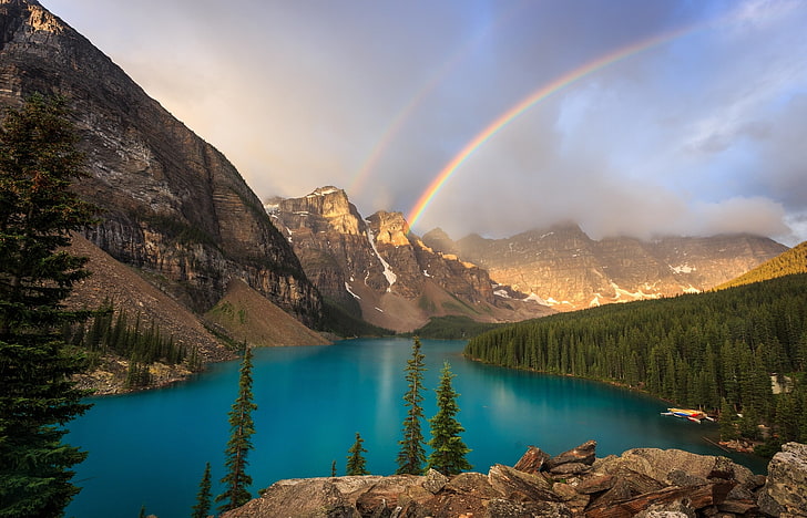 Banff, National Park, Canada, forest, mountains, lake, rainbow, HD wallpaper