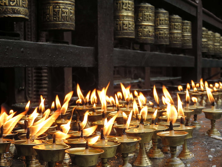 asia, buddha, buddhism, candles, golden, kathmandu, nepal, offering, HD wallpaper