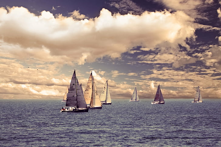 six sailboats on body of water, sea, sails, clouds, NWN, SEASCAPE