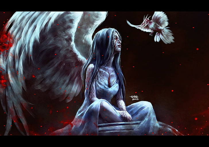 angel, birds, skull, blood, wings, NanFe, fantasy art, fantasy girl, HD wallpaper