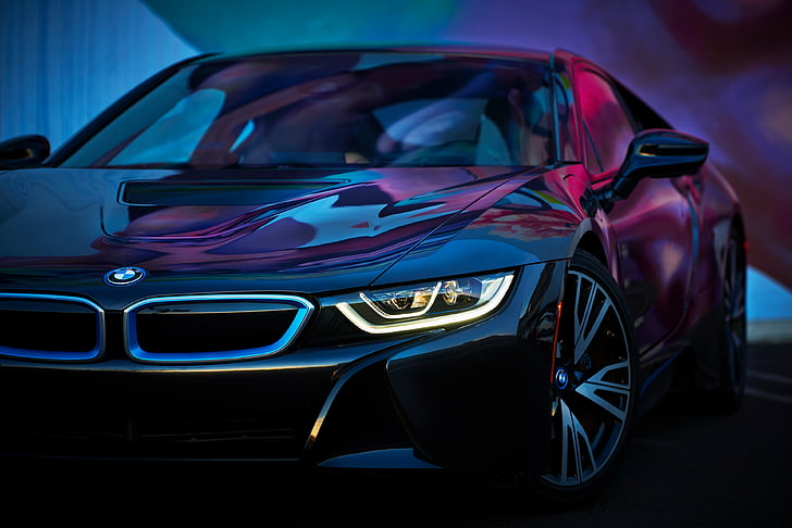 black BMW sedan, car, BMW i8, cyan, pink, neon glow, motor vehicle HD wallpaper