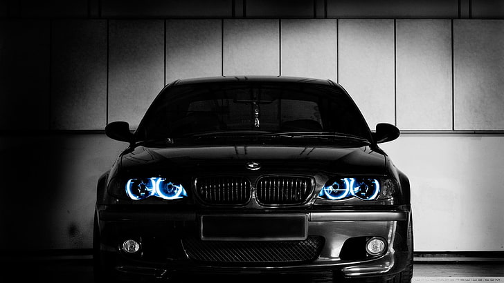 black BMW sedan, xenon, lights, car, mode of transportation, motor vehicle, HD wallpaper
