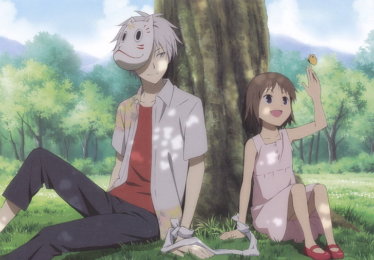two person sitting on the ground, Hotarubi no Mori e, forest
