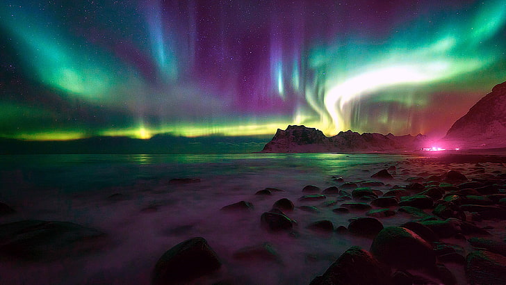 green sky, aurora borealis, night, northern lights, norway, HD wallpaper