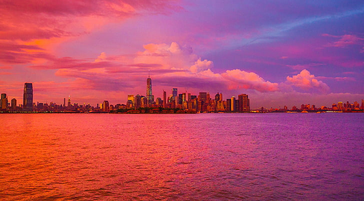 city buildings, New York City, sunset, clouds, cityscape, urban Skyline